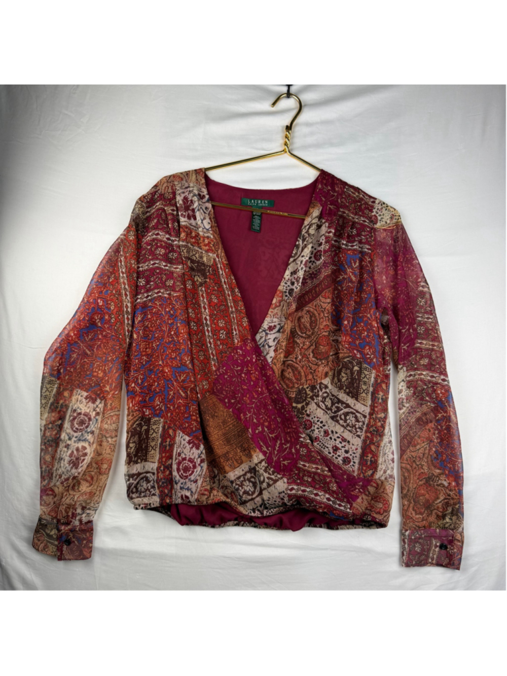 ⁠Lauren Ralph Lauren Paisley Surplice Blouse Womens M Red Boho Patchwork Top